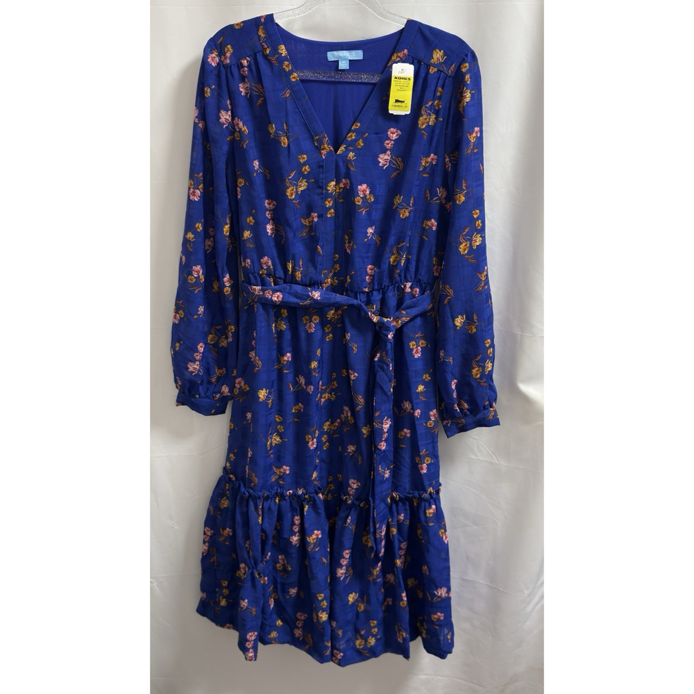Draper James RSVP Tie Waist Midi Dress Womens XS Blue Floral Long Sleeves - Picture 2 of 11